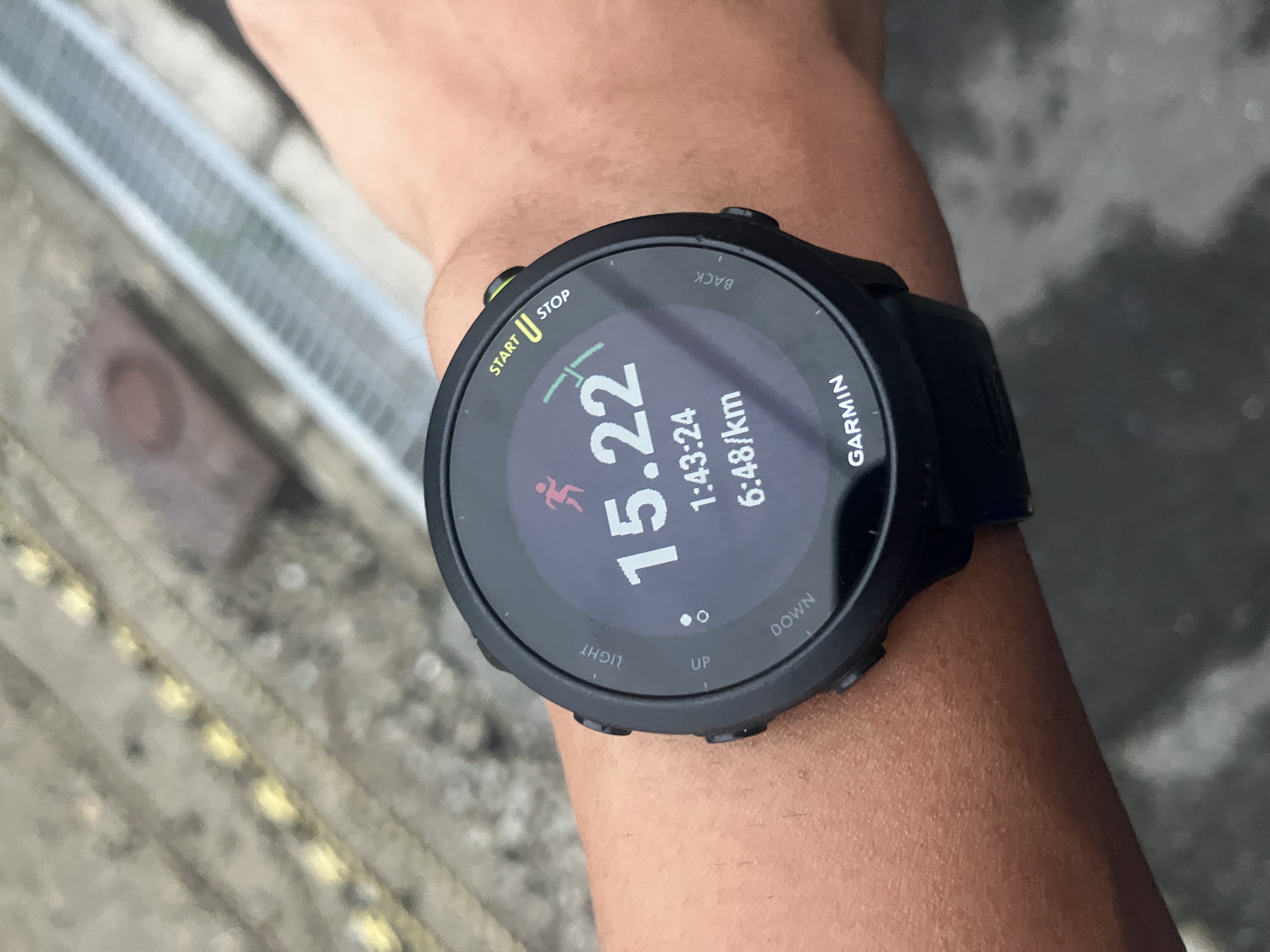 Garmin ForeAthlete 55で15.22kmのランニング結果を表示した画面